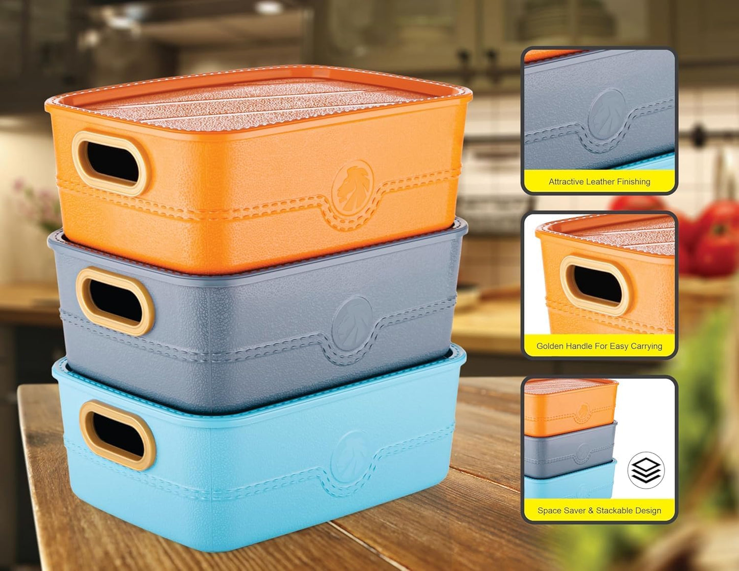 Colorful Storage Baskets With Lid Colorful Plastic Box Storage Organizer (Pack of 3)